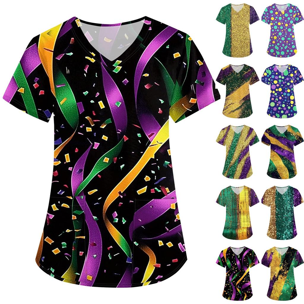 Женская карнавальная принтовая свободная униформа с V-образным вырезом и карманом с коротким рукавом