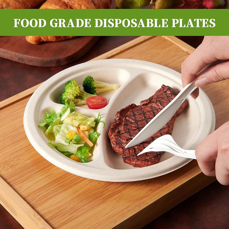 50Pcs Disposable Plate 9-10" Extra Strong Extra Thick Microwave Safe Paper Plate Cut Oil Resistant Biodegradable Disposable Tray