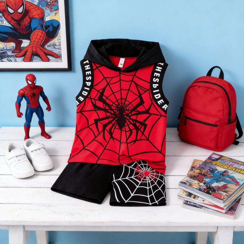 Spiderman Kids Short Sleeve Twopiece Set With Hoodie Cotton Summer Outfit For Children