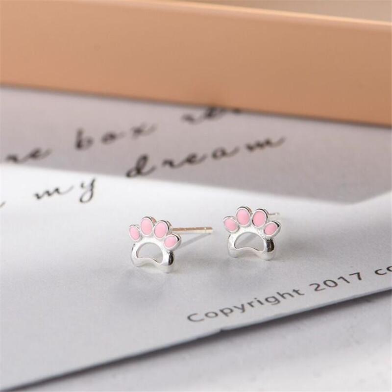 New Fashion Beautiful Creative Cute Animal 925 Sterling Silver Jewelry Sweet Cat Claw Pink Exquisite Stud Earrings E085