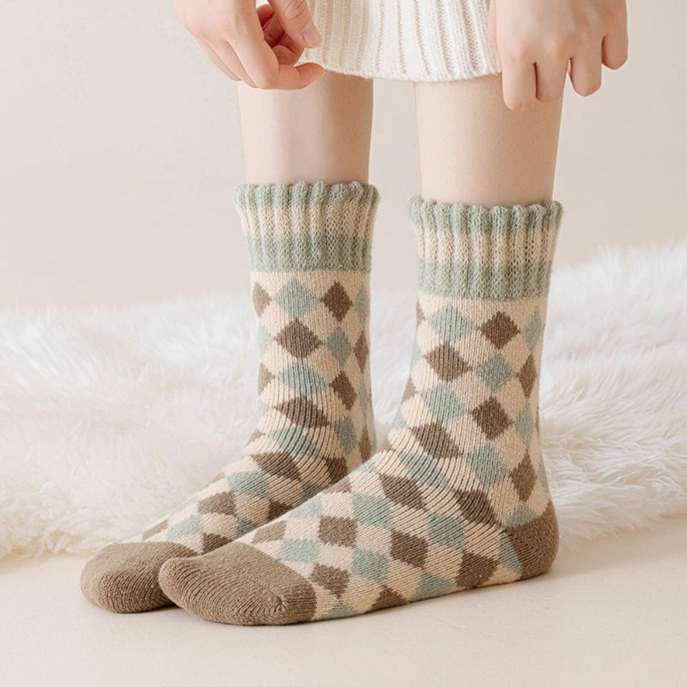 4Pairs Soft Stripe Grid Thickened Socks Sleeping Winter Floor Plush Socks Mid-tube Hosiery Warm Socks Women Autumn