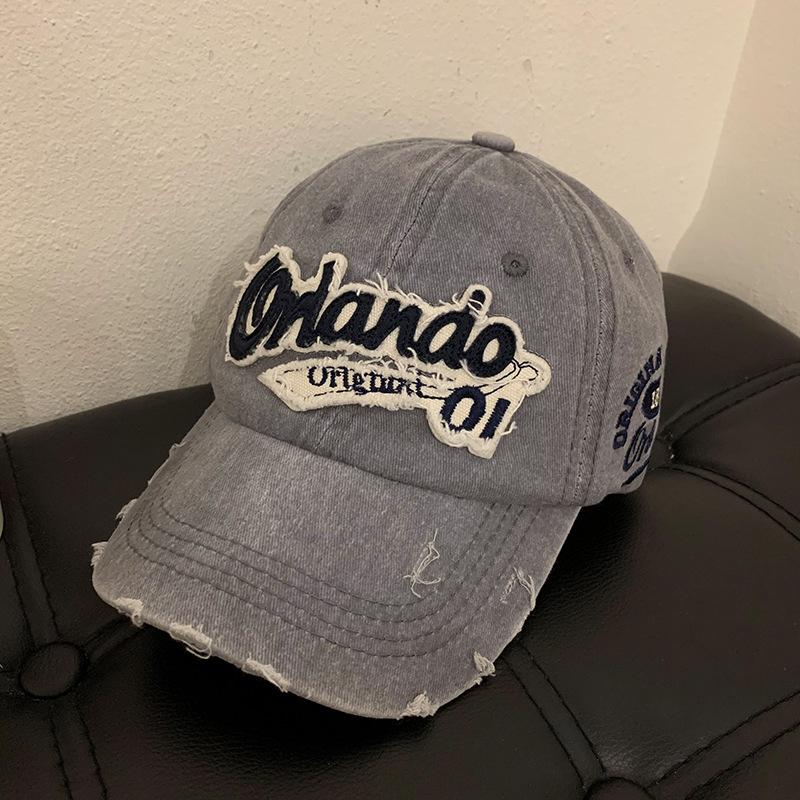 Retro baseball cap women's big head circumference washed ripped denim wide brim cap showing face small hat