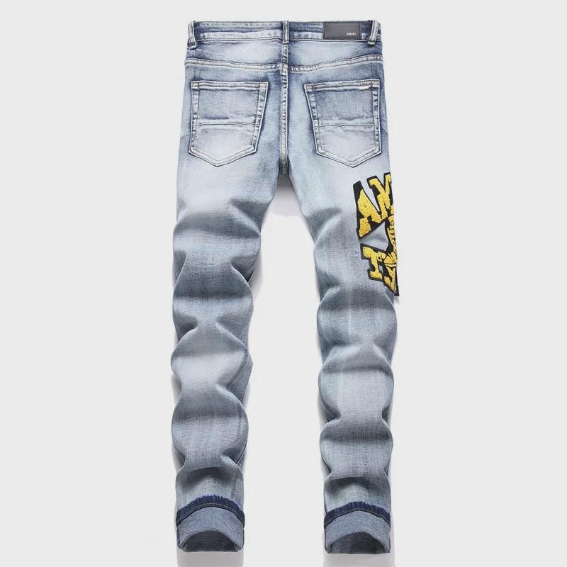 Men's Washed Blue Embroidered Patch Straight Jeans