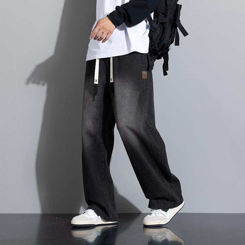 Джинсы Американский Уличный Ретро Эластичная Талия Деним Мужские Свободные Прямые Широкие Брюки