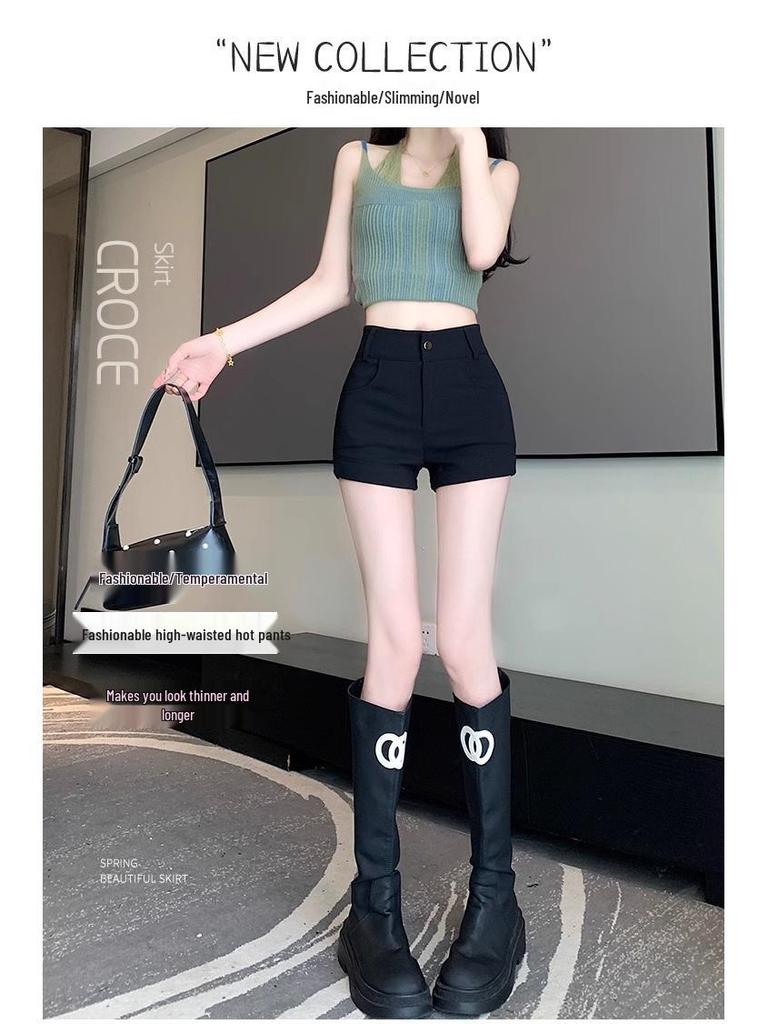 Черные шорты-костюм А-силуэта с высокой талией и эффектом похудения для женщин - Осенняя коллекция 2024