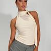 Women's Summer Solid Color Sleeveless High Neck Tied Ribbon T-shirt Top for Women Shirt