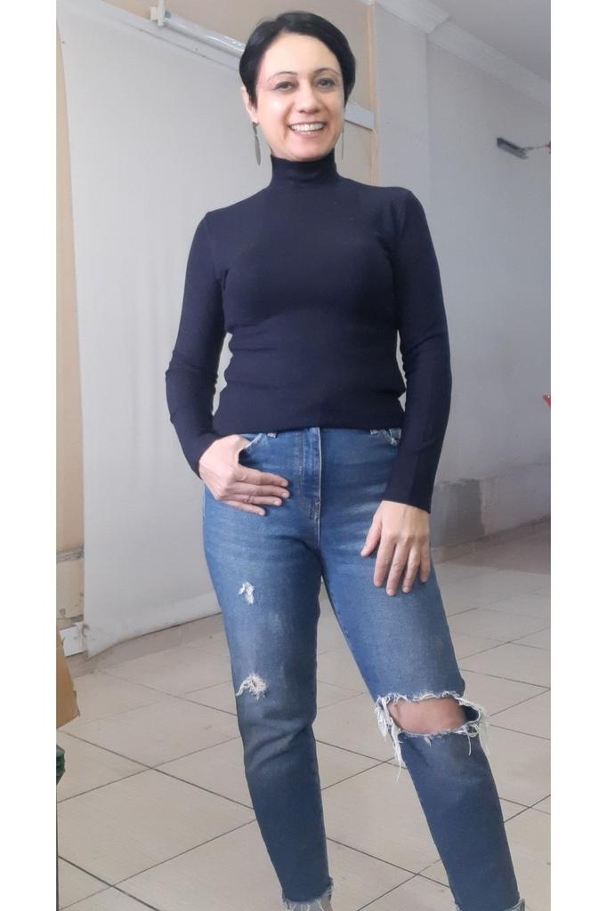 Женская стильная футболка большого размера, темно-синяя водолазка, футболка из чесаного хлопка