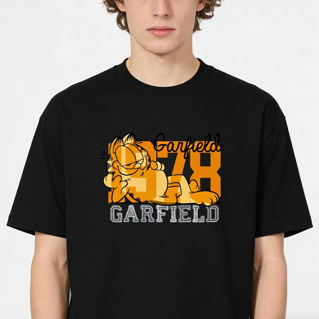 Garfield Lazy Lying Trendy T-Shirt! American Retro 1978 Letter Print Loose-Fitting Short Sleeve, Unisex, Oversize Couple Tee
