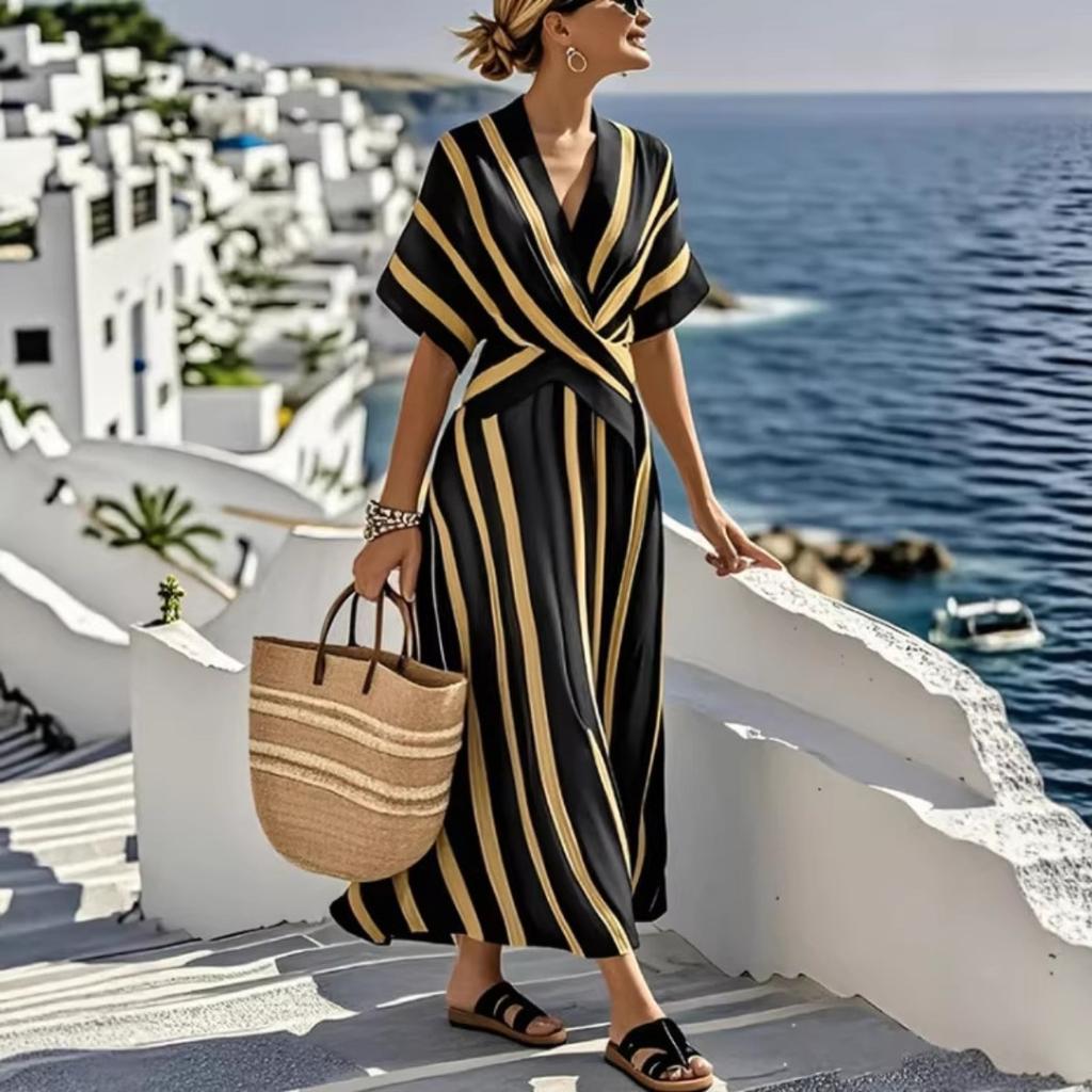 Women's V Neck Short Sleeve Maxi Dress Loose Fit Mid Waist Elegant Striped Wrap Dress