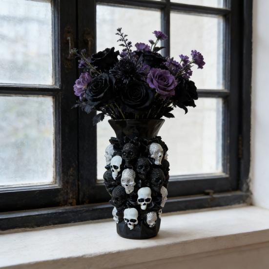 Gothic Skull Flower Vase Ornament Spooky Black White Skull Dried Artificial Flower Holder Resin Container Home Office Table Centerpiece Decoration