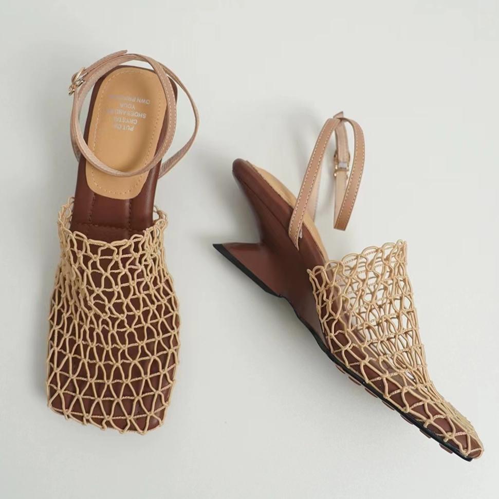 Плетеные сетчатые женские босоножки на каблуке, туфли с полым высоким каблуком, женские с квадратным носком, с ремешком сзади, летний тренд 2025, пляжные туфли-лодочки, Sandalias Mujer