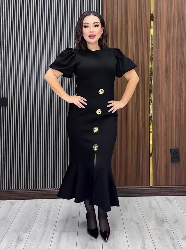 Элегантное платье-рыбка Осень 2025 - Однотонное, С коротким рукавом, Облегающее, С круглым вырезом