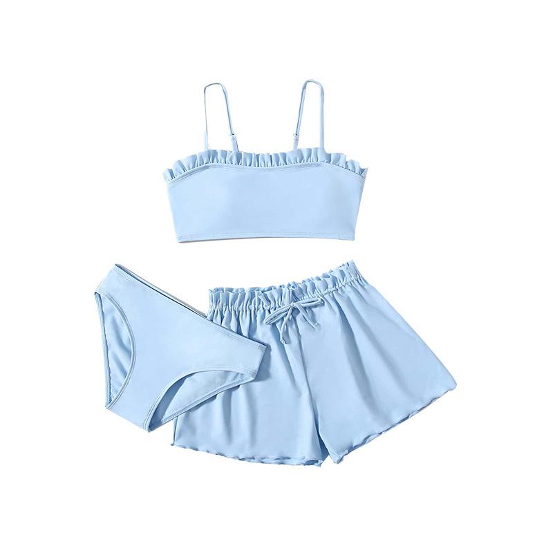 1Set Children's Solid Color Ruffled Two-piece Swimsuit Girls Three-piece Swimsuit Set