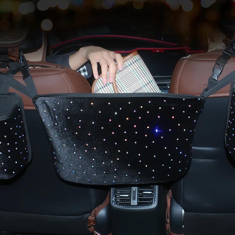 Diamond Crystal Car Seat Organizer Auto Storage Bag Pocket Cover Stowing Tidying Sundries Bling Car Accessories Interior Women