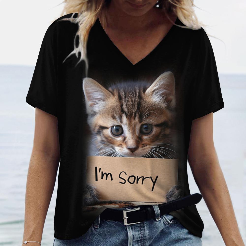 Летняя футболка с принтом «Забавный кот, извини», 3D, женская уличная одежда, повседневные футболки, топы Y2k, женские футболки с V-образным вырезом в стиле Харадзюку, свободная одежда