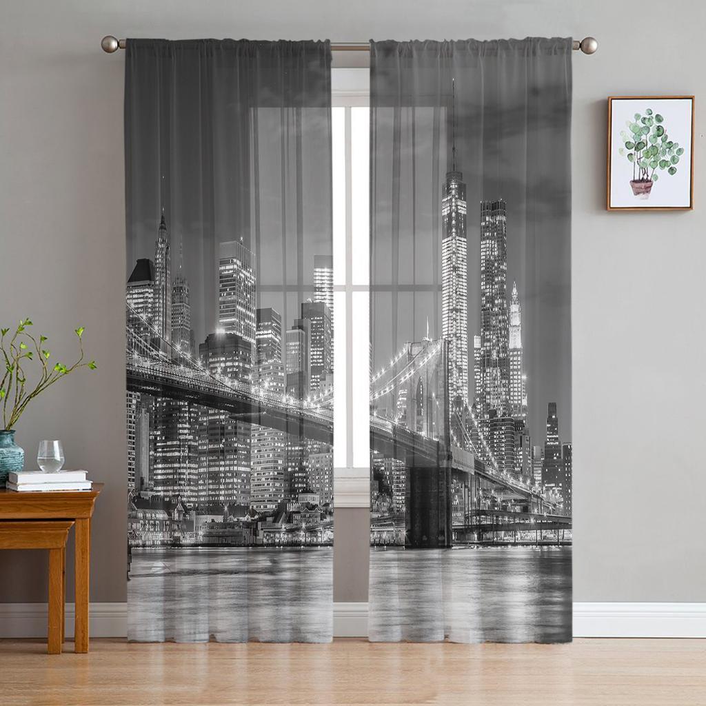 City Night Lights Sheer Curtains Living Room Window Tulle Curtains For Bedroom Kitchen Home Decoration Voile Drapes