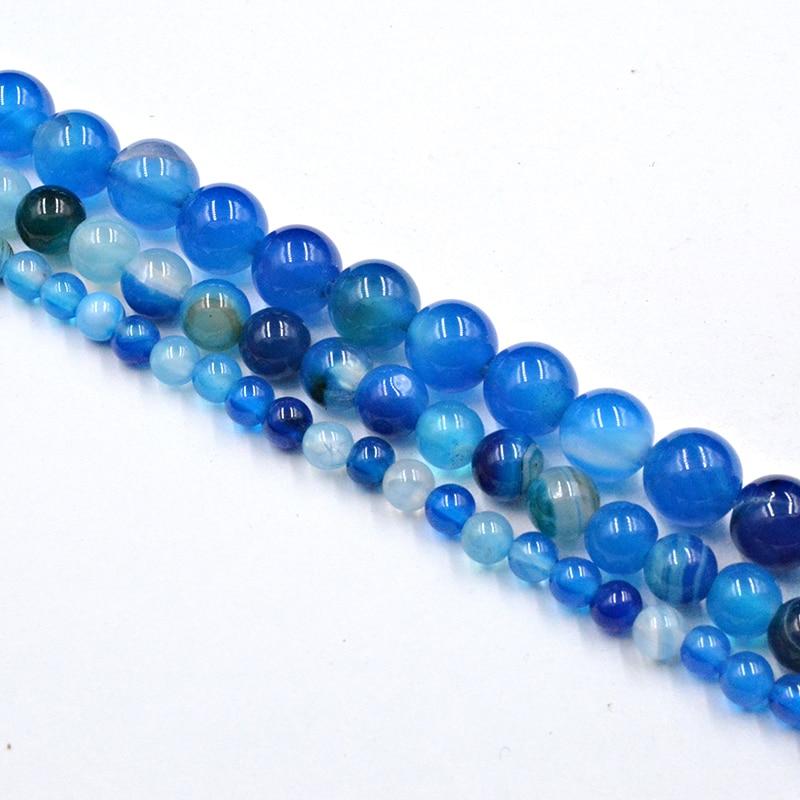 Ocean Blue Banded Stripe Onyx Agate Stone Beads 4-12mm Loose Beads for Jewelry Making Bracelet Accessories DIY