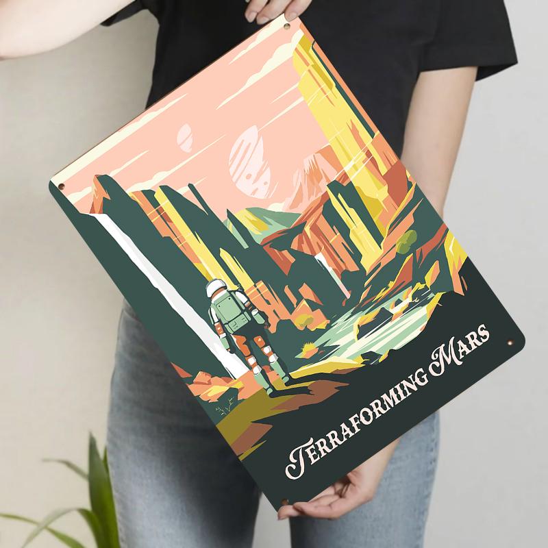 Astronaut Exploring Mars Canyon Metal Wall Art Sci Fi Planet Decor Vintage Space Theme Home Decoration