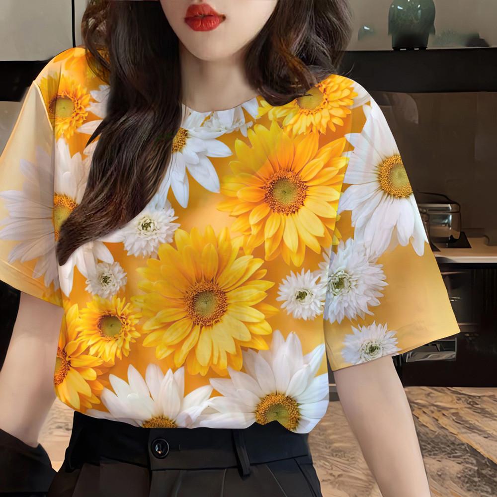 Women's clothing floral pattern T-shirt top printed T-shirt short sleeved casual streetwear women's oversized T-shirt