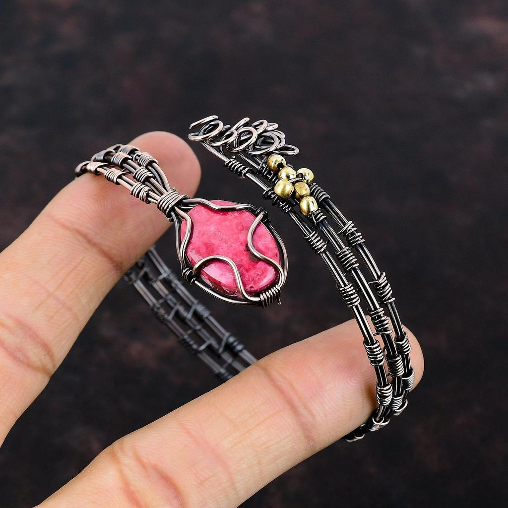 Браслет-манжета из меди тулит, браслет из драгоценных камней, обмотанный медной проволокой, регулируемый браслет для подарка, ювелирные изделия ручной работы, обмотанный проволокой, браслет-манжета