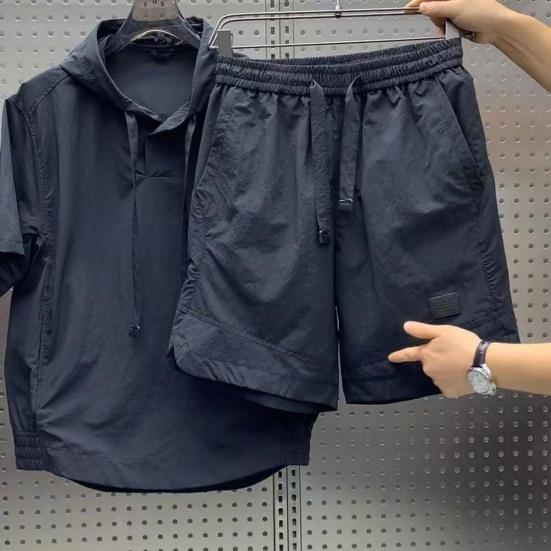 Мужской летний комплект из 2 предметов: худи с капюшоном и кулиской, топы с коротким рукавом, эластичная талия, карманы