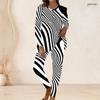 Women Plus Size Two Piece Pants Set Round Neck Long Sleeve Black White Swirl Printed Longline Top Fitted Pants