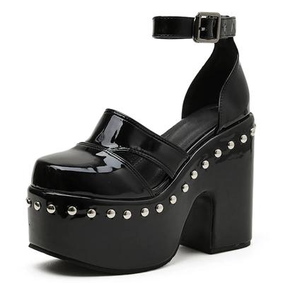 Maogu Женские туфли на каблуке Массивный каблук Крутые летние туфли на платформе в готическом стиле Женские кожаные туфли на блочном каблуке Большие размеры Заклепки Черный готический стиль