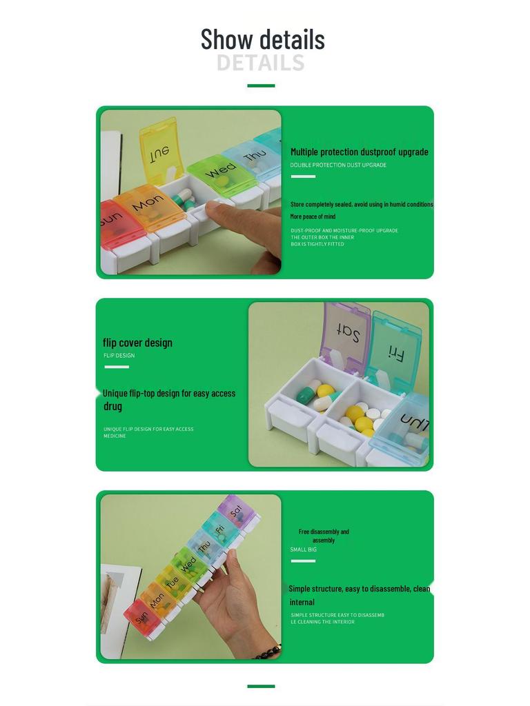 Портативный органайзер для таблеток на 7 дней с кнопочным механизмом и 7 отделениями с цветовой кодировкой