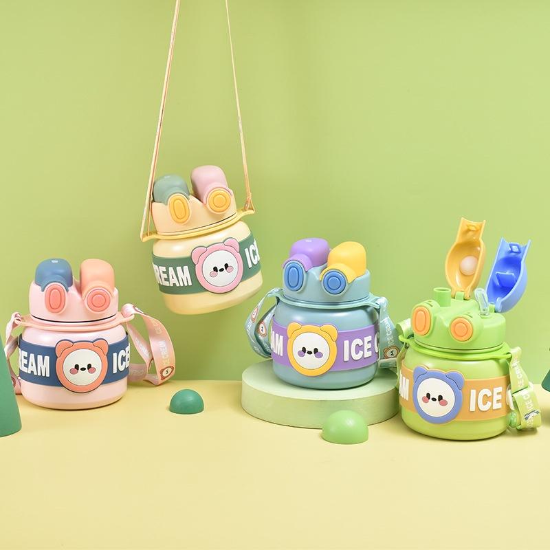 Lingpan Cute Cartoon Double Drinking Straw Big Belly Cup For Girls Outdoor Travel Shoulder Bag Water Bottle Large Capacity 850ml Barrel