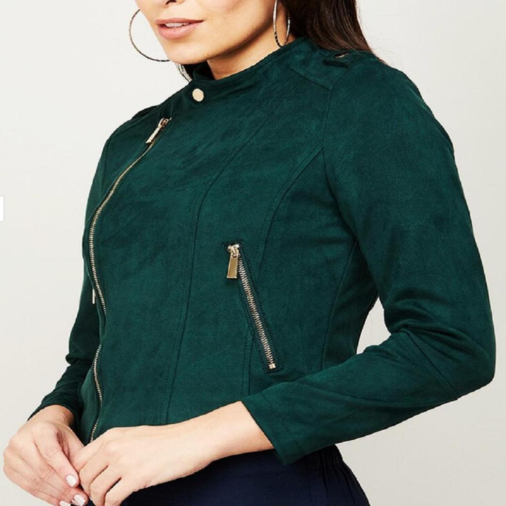 NOORA Womens Lambskin Leather Olive Green Color | Cropped Motor Biker Jacket Slim Fit Jacket | Beautiful Sleeves Look