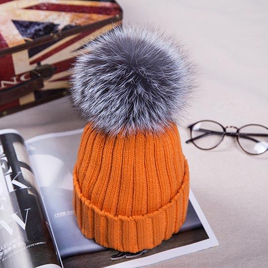Detachable Faux Mink Silver Fox Fur Ball Cap Pom Poms Winter Hat for Women Girl 's Hat Knitted Beanies Cap