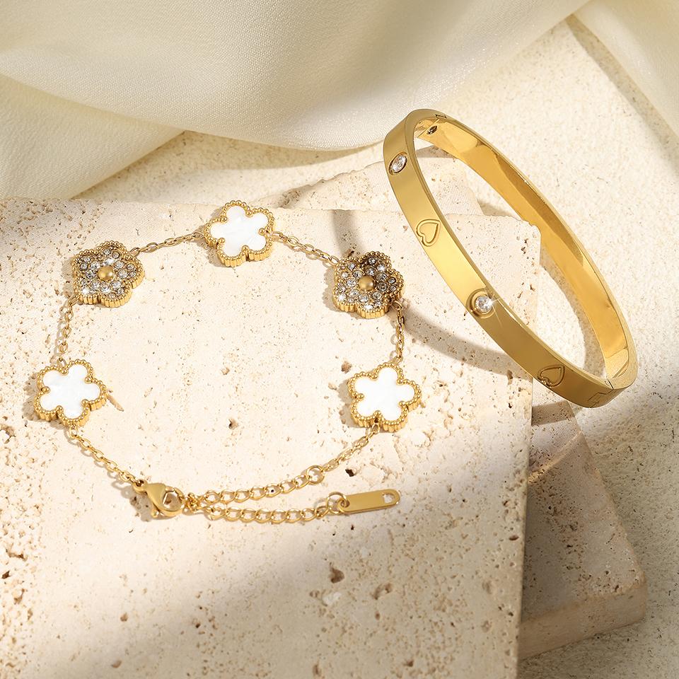 ZAKOL Fashion Five-leaf Flower Stacked Bracelet Bangle for Women Elegant Versatile Stainless Steel Zircon Gift