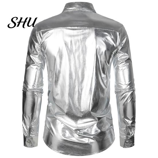 Men Stage Show Shirt Performance Glossy Surface Turn-down Collar Single-breasted Long Sleeve Sleeves Buttons Satin Club Party Simple