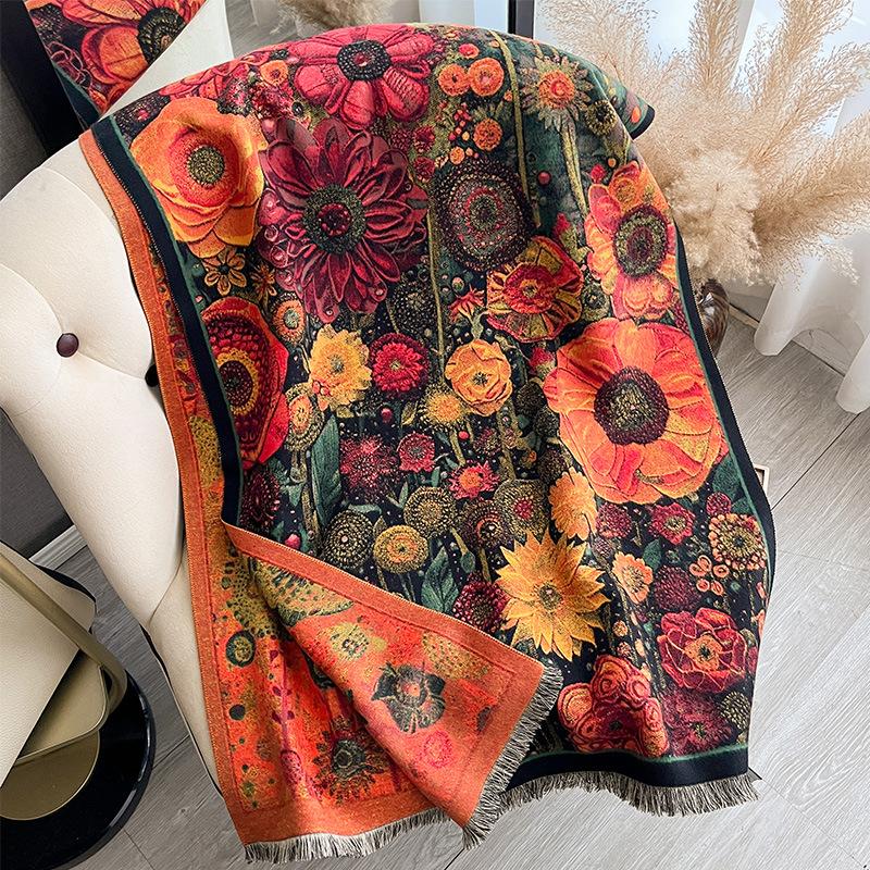 Осенне-зимняя двухсторонняя цветная масляная живопись, утолщенный теплый шарф, защитная шаль для шеи в кондиционируемом помещении