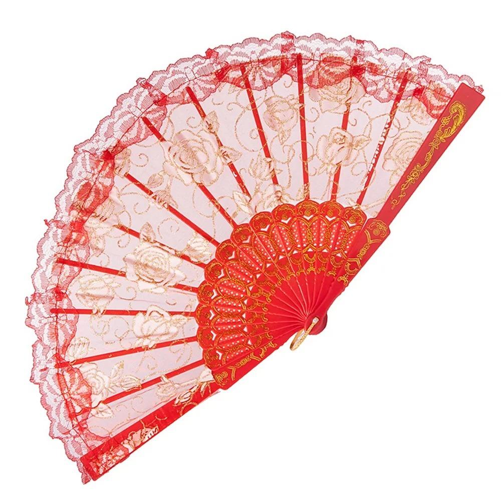 Женский кружевной веер с пластиковой ручкой, полупрозрачный веер для танцев, домашний декор, складной веер, подарок