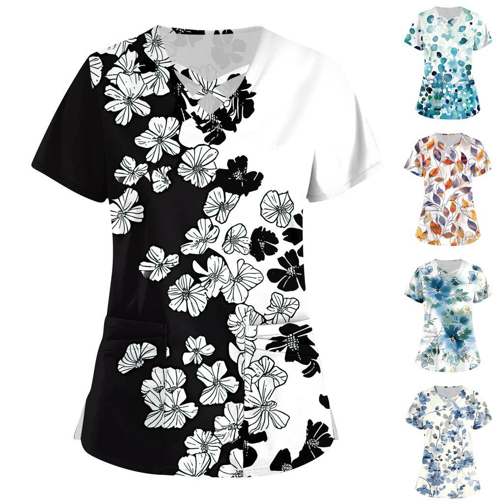 Women's Short Sleeve Stagger V Neck Print Pocket Dry-nurse Top