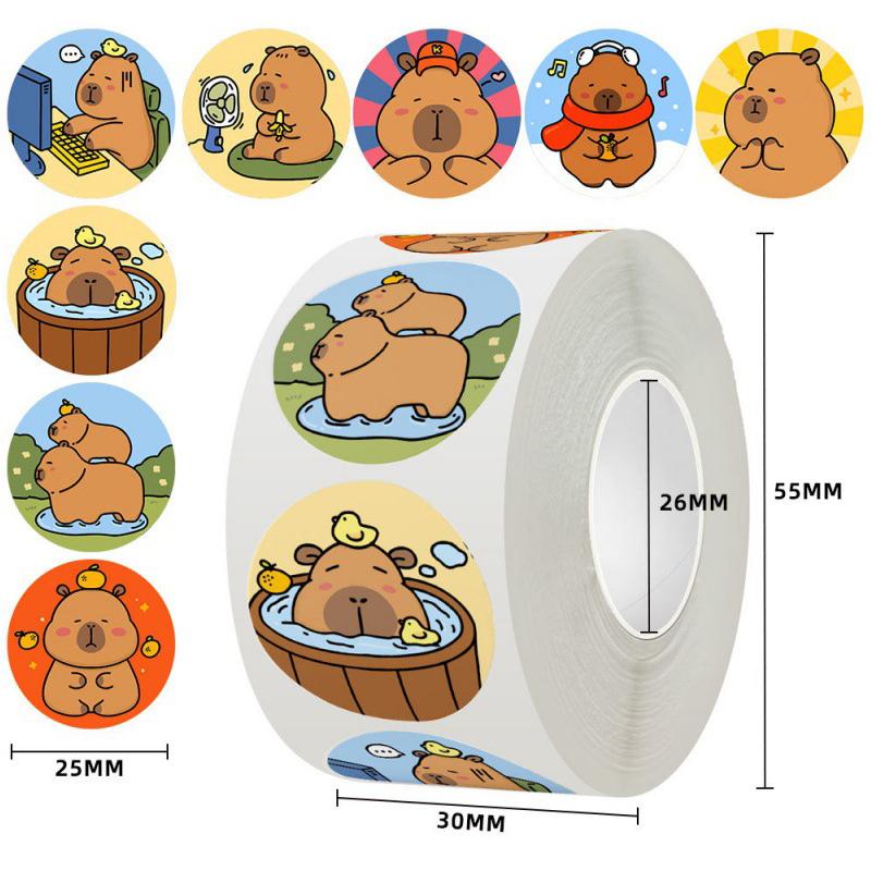 500Pcs/Roll Cartoon Animal Sticker Capibara Kapibala Rabbit Cat Bear Hand Account Decals Gift Bag Sealing Sticker Baking Label