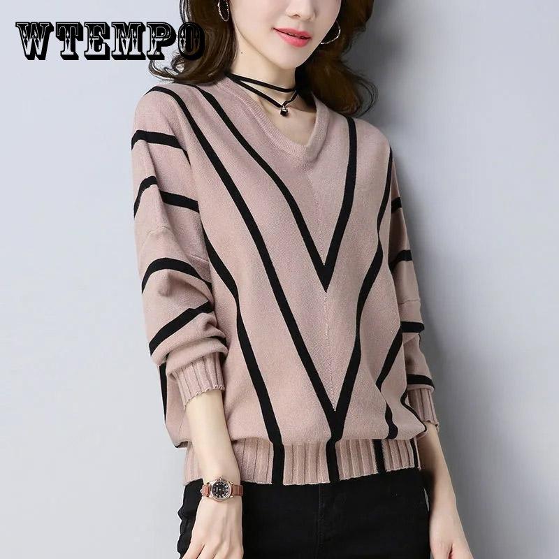 Autumn Bat Shirt Sweater Women's Pullover Loose Korean Style Striped Top Outer Wear Knitted Bottoming Shirt