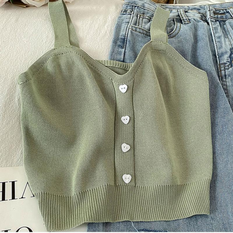 ITOOLIN Женские вязаные укороченные топы Y2K, милые однотонные топы без рукавов на бретелях на пуговицах, сексуальные укороченные топы летом