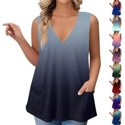 Женская футболка с V-образным вырезом, жилет, свободная, с карманами, футболка с градиентным принтом, нижняя рубашка