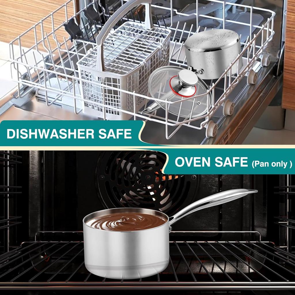 Маленькая кастрюля емкостью 1 кварта, трехслойная кастрюля для молочного соуса из нержавеющей стали со стеклянной крышкой, кухонная индукционная посуда для приготовления тушения, которую можно мыть в посудомоечной машине