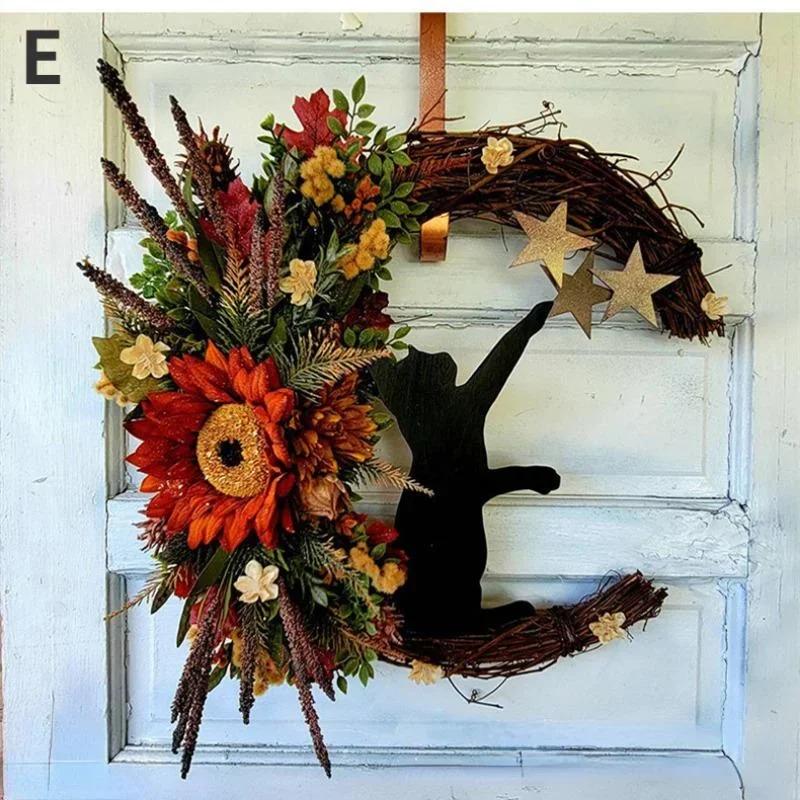 Гирлянда из кошек и луны на Хэллоуин с розовыми и черными украшениями, гирлянда на Хэллоуин, венок на Хэллоуин для входной двери, декор двери на Хэллоуин