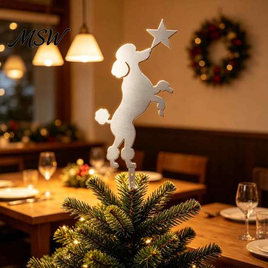 Seasonal Tree Accessory Standing Poodle Christmas Topper, Silver Silhouette Durable Metal Decoration Secure Modern Decor Plug-in Rod Easy Installation