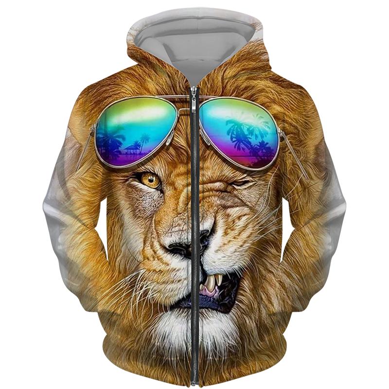 Spring Autumn Men's Zipper Hoodie Sweatshirts 3D Animal Lion Beast Printing Hooded Pullover Fashion Jacket Casual Sportswear