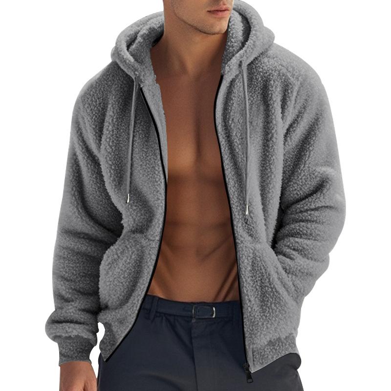 Winter Men's Thick Warm Double-sided Fleece Jacket Zipper Loose Cardigan Casual Hooded Jacket