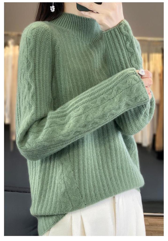 Women's Loose Jacquard Knit Half-High Collar Wool Sweater - Autumn/Winter Base Layer Pullover