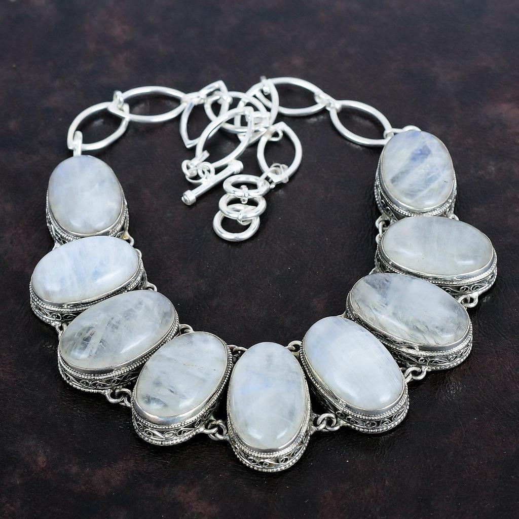 Rainbow Moonstone Necklace 925 Sterling Silver Necklace Vintage Gemstone Necklace Adjustable Chain Necklace Handmade Silver Jewelry For Gift