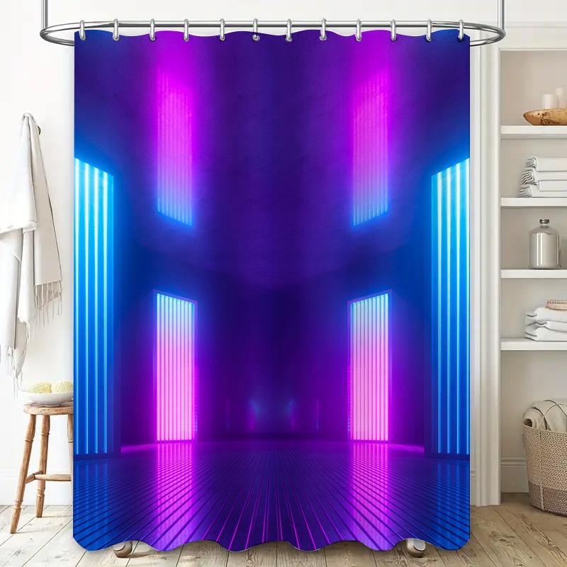 Роскошная LED шторка для душа Футуристический ретро-стиль с розовыми и синими огнями Экстра-длинная Водонепроницаемая Декор для ванной комнаты