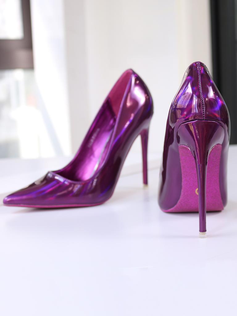 Модные новые фиолетовые лаковые туфли-лодочки на тонком высоком каблуке, с мелким вырезом, сексуальный кроссдрессинг, большой размер 12 см