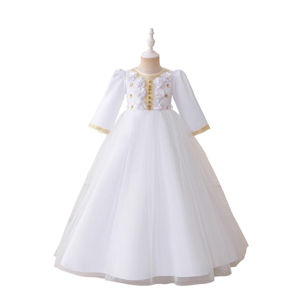 Детское вечернее платье принцессы - Длинный рукав, круглый вырез, плиссированный дизайн с сетчатой аппликацией